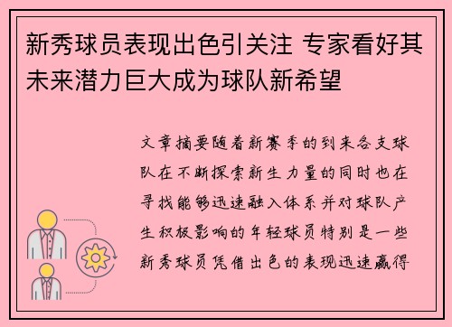 新秀球员表现出色引关注 专家看好其未来潜力巨大成为球队新希望