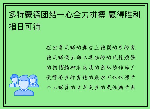 多特蒙德团结一心全力拼搏 赢得胜利指日可待