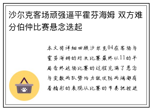 沙尔克客场顽强逼平霍芬海姆 双方难分伯仲比赛悬念迭起