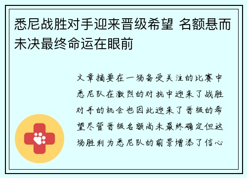 悉尼战胜对手迎来晋级希望 名额悬而未决最终命运在眼前