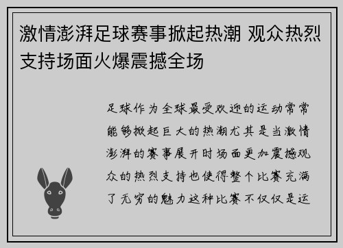 激情澎湃足球赛事掀起热潮 观众热烈支持场面火爆震撼全场