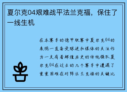 夏尔克04艰难战平法兰克福，保住了一线生机