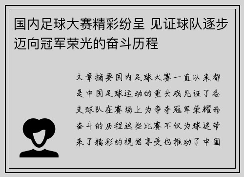 国内足球大赛精彩纷呈 见证球队逐步迈向冠军荣光的奋斗历程