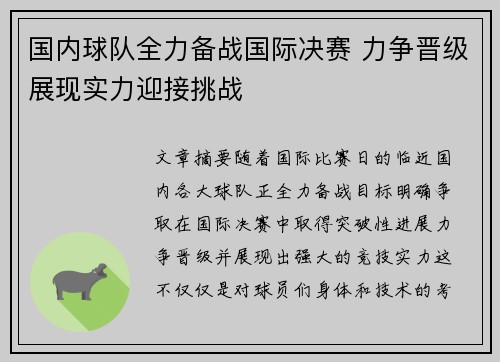 国内球队全力备战国际决赛 力争晋级展现实力迎接挑战