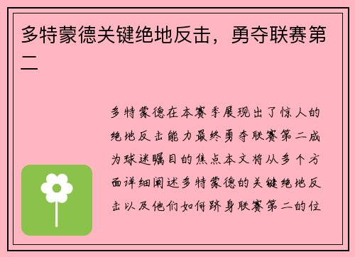 多特蒙德关键绝地反击，勇夺联赛第二