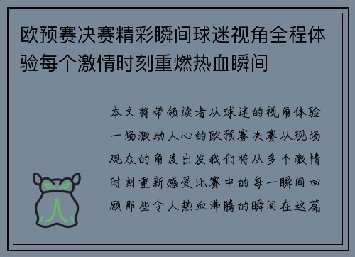 欧预赛决赛精彩瞬间球迷视角全程体验每个激情时刻重燃热血瞬间