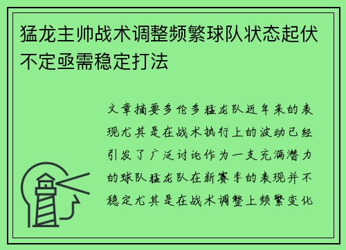 猛龙主帅战术调整频繁球队状态起伏不定亟需稳定打法